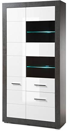 Newfurn Vitrine Vitrinenschrank Modern Holzvitrine II 100x198x 35 cm (BxHxT) II [Justus.one] in Beton dunkel/Weiß Hochglanz Wohnzimmer Schlafzimmer Esszimmer Flur Diele