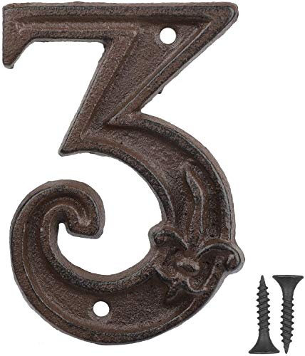 Vandicka 4.3 inch Cast Iron House & Door Number 3, Rustic Address Number Sign, Mailbox Number, Antique Brown Finish with Fleur De Lis Embossed, Matching Screws Included