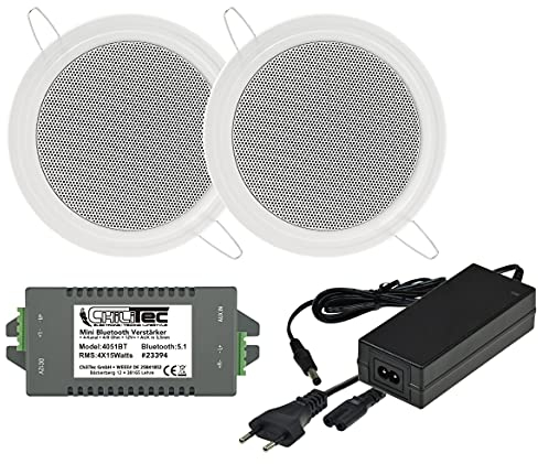 ChiliTec Lautsprecher Set mit Bluetooth Empfänger 2 Einbaulautsprecher mit Verstärker 120W für Decke & Wand Komplettset mit Netzteil - Streaming von Musik in Küche, Wohnzimmer, Büro