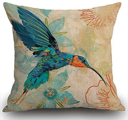 Smooffly Kissenbezug mit Vogelmotiv, Blau, Orange, Kolibri, Blaugrün, Aquamarin, Blumen, Baumwollleinen, 45 x 45 cm, quadratisch, dekorativer Kissenbezug für Sofa und Bett, 45 x 45 cm
