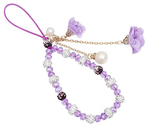 Uposao Bling Diamant Strass Handschlaufe für Telefon,Blume Handykette Perlen Handyanhänger Telefon Kette Handy Strap Perlen Lanyard Handgelenk für Telefonkasten Kamera Schlüsselbund USB-Stick,Lila