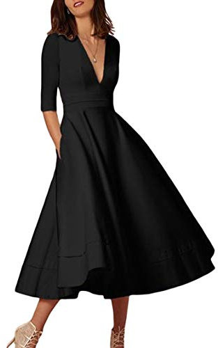TYQQU Mujer Vestido Elegante De Midi Vestido Elegante De Verano con Cuello V Profundo Y Medio Manguito Vestido Plisado De Bolsillo Negro L