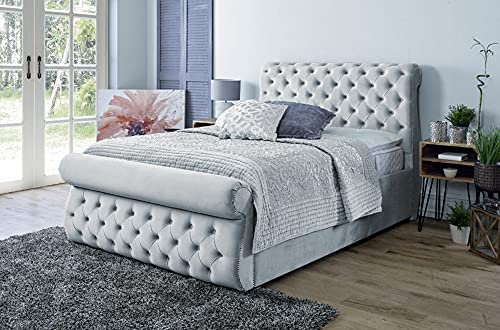 King Size Bed with Storage | Ottoman Bed King Size (5ft), Gas Lift Up Bed Frame, Upholstered Bed with Base and Headboard, Heavy Duty Mesh Frame Sleigh Bed (Silver)(Spanish Swan)