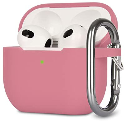 KOKOKA Silikon Hülle Kompatibel mit AirPods 3 Case und Schutzhülle für AirPods 3rd Generation 2021, Stoßfeste Weiche Dünne Case für Airpods 3 Mit Karabiner, Front-LED Sichtbar, Bean Pink