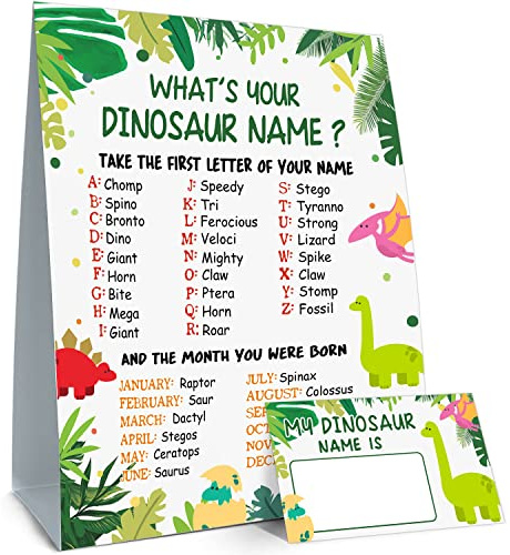 What is Your Dinosaur Name Game, Game Sign and 30 Cards, Dinosaur Birthday Party Sign for Boys and Girls, Holiday Activity, Kids Dinosaur Activity Cards, Dinosaur Activity Decoration Supplies