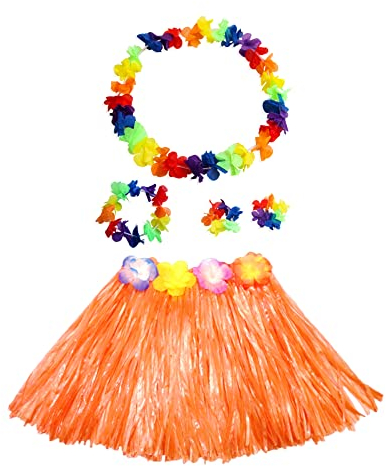 duoyif Hawaii Hula Rock Mit Blumenkette, Hawaiian Gras Hula Rock, Hawaii Outfit Grasröcke Hula Kostüm Für Karneval Neujahr Ostern Hawaii Strandpartys Sommerfest Cheerleading 40cm (Orange)