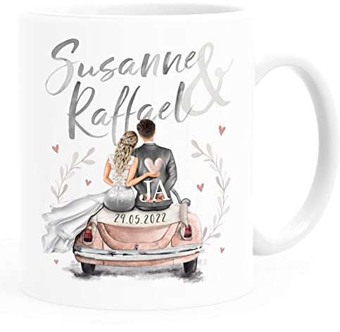 SpecialMe® personalisierte Kaffee-Tasse Geschenk Hochzeit mit Namen und Datum Auto Brautpaar Hochzeitstag Jahrestag weiß standard