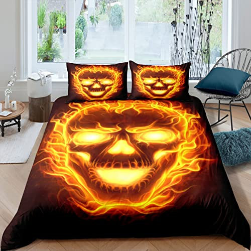 Tomifine Bettwäsche Set 135x200 cm Bettbezug Set mit 2 Kissenbezügen Mikrofaser Rot Blaue Flamme Druck Bettwäsche (200x220 cm/50x75cm*2,Totenkopf)