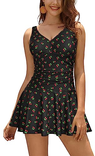 SHEKINI Women's One Piece Swimsuit V Neck Swimwear Wrap Over Padded Bathing Suit Ruched Tummy Control Wide Straps Swimming Costume with Skirt Plus Size, Cherry, Large