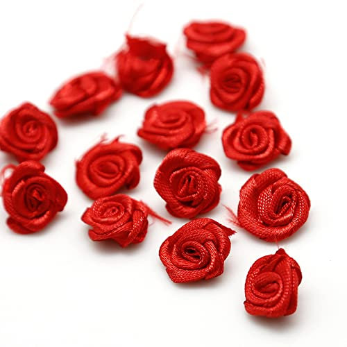 100 Stück Rosen 1.5cm kleine Kunstblumen Rosenköpfe Satinrosen Aufnäher Blumen Applikationen zum Basteln Patches Deko-Rosen Mini-Stoffrosen DIY Accessories Party Hause Hochzeit Dekoration,Rot
