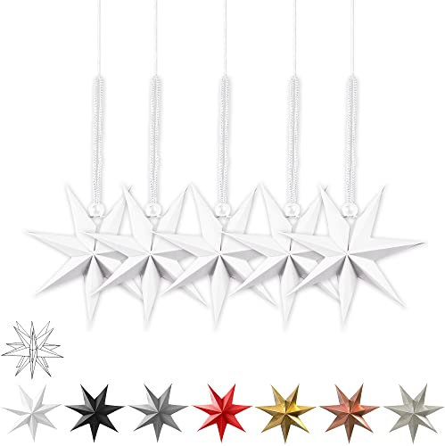 Frau WunderVoll® liebevolle Faltsterne matt weiß 5 Stück Durchmesser 15 cm 7 Zacken geschlossene Oberfläche Feste Pappe, Weihnachten, Advent, Fenster Dekoration, Weihnachtsbaum