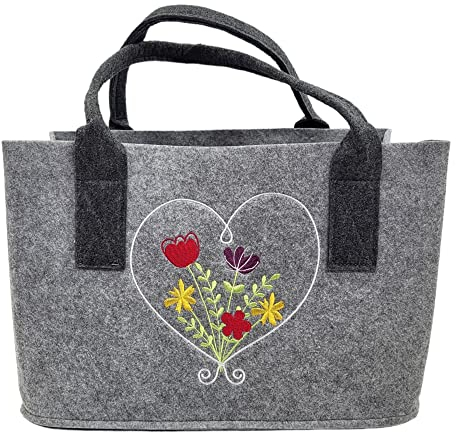 BUSDUGA 4257 Filztasche Wildblumen grau, ca. 40x26x26 cm, faltbare Einkaufstasche Shopper wählbar in zwei Varianten (hellgrau)
