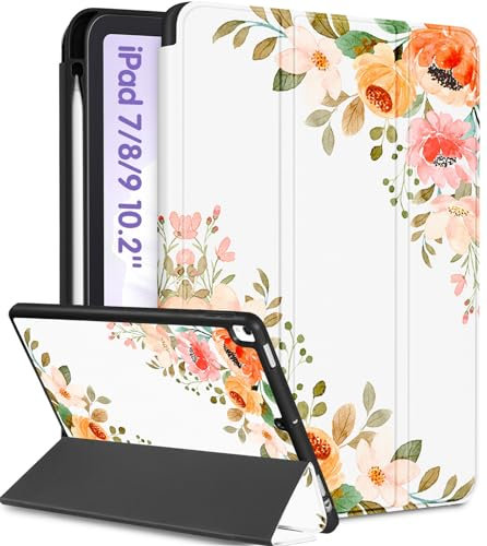 Uppuppy Schutzhülle für iPad der 9., 8. und 7. Generation mit 10,2 Zoll A2602 A2270 A2197, niedlich, mit Stifthalter, Blumen, ästhetisches Design, Kawaii, Teenager, Hülle für iPad der 7., 8. und 9