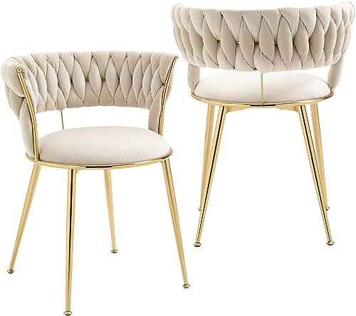 SUPPNEED Samt-Esszimmerstühle, 2er-Set, gepolsterte Wohnzimmerstühle mit geflochtener Rückenlehne und goldenen Metallbeinen, Beistellstühle für Esszimmer, Wohnzimmer, Küche (Ivory)