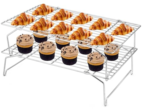 Joyfair Abkühlgitter, 2-Stöckiges Edelstahl Kuchengitter Auskühlgitter Set, Rechteckig Stapelbar Backgitter Kühlgitter für Kekse, Brot und Pizza, Faltbar & Stapelbar, Spülmaschinenfest - 38,1x25,9cm