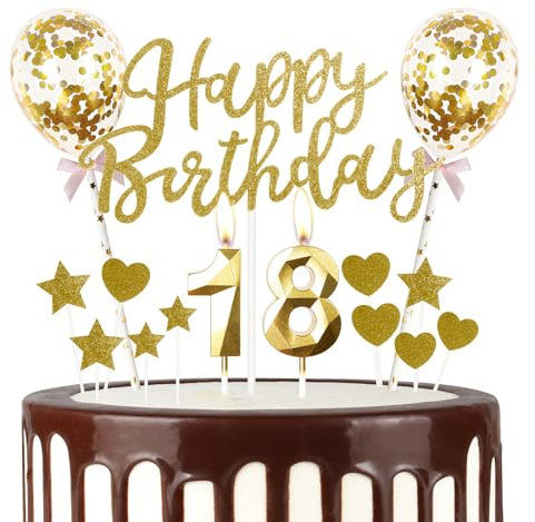 mciskin Gold 18th Birthday Decorations for Girl Boy,3D Number 18 Candle for Cake,Gold Cake Toppers for Girl Boy,Glitter Happy 18th Birthday Cake Toppers Balloons for Party Decorations Supplies