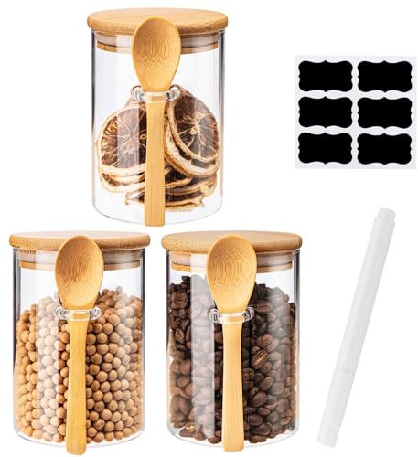 Rongbaor 3 Pack Glass Jars with Airtight Bamboo Lid and Spoon,530ml Overnight Oats Jars,Kitchen Spice Jars Storage Containers,With Waterproof Label and Marker Pen for Home Storage Cookie Candy Coffee