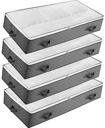 90L Underbed Storage Bags, 4 Pack Large Under Bed Storage Box with lid, Foldable Clothes Storage Bag with 4 Reinforced Handle, Storage Bag with PVC Window for Quilts, Blankets, Clothes, Bedding