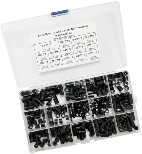 Funda espaciadora de nailon de 320 piezas con caja transparente, junta de nailon, manguito de sellado de plástico, junta aislante, junta de poste sin rosca (negro).