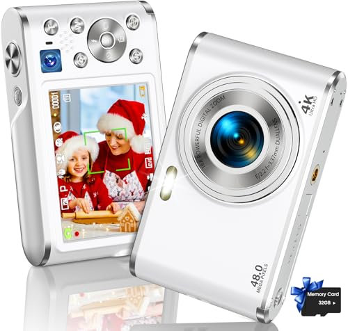 YOODEE Digital Camera, AutoFocus 4K Vlogging Camera with Dual Camera 48MP 16X Digital Zoom Kids Compact Camera with 32GB Memory Card Portable Point and Shoot Cameras for Teens Beginner (White)