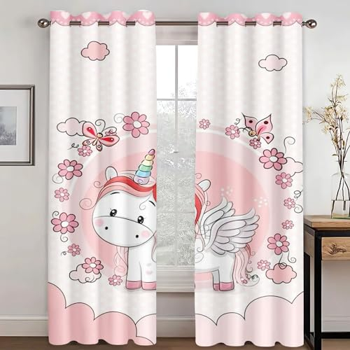 WEQEER Vorhänge Blickdicht Einhorn Verdunklungsgardine Karikatur Rosa Pferd Kinder Fenstervorhang Regenbogen Wolken drucken Vorhang für Kinderzimmer (10,150x166cm(2x75x166cm))