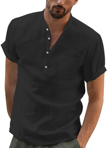DUOLUVA Chemise Lin Homme Manche Courte Shirt for Mens Col Mao Leger en Coton Plage Classique