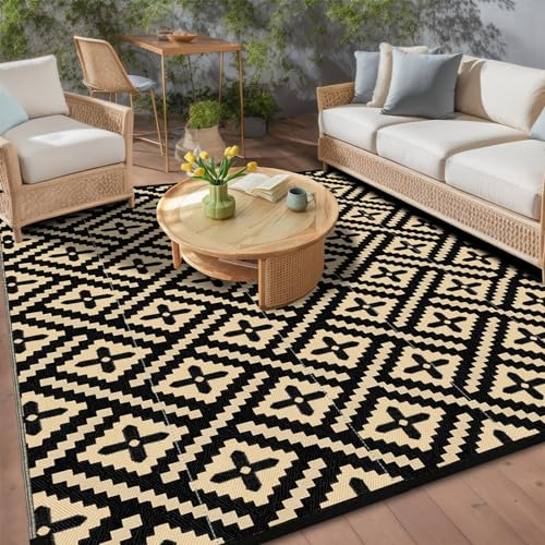 Momooda Outdoor Teppich Geometrie Plastikstroh, Anti-UV-Schutz, Umkehrbarer Terrassenteppich Waschbar, Wasserdichter Camping Garten Outdoor Teppich für Balkon, Wohnmobil, Schwarz beige, 274x365cm