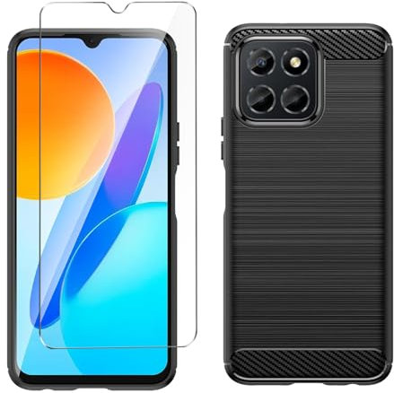 LYZXMY case for Honor 70 Lite/Honor X8 5G / Honor X6 Black mobile phone case + 1 pieces tempered glass protective film, TPU Soft Carbon Fibre Case