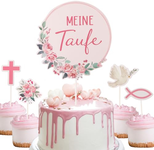 9 Stück meine Taufe Kuchendekoration Taube Fisch Kreuzen Tortendeko Cake Topper Tortenaufsätze Geschenke Muffin Tortentopper für Jungen und Mädchen Konfirmation Party deko (Pink)