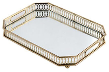Metall Rechtwinklig Serving Tablett, 35cm Gold Serviertablett mit Spiegel Glas Dekoratives Butler Tablett Servierplatte Multifunktionsschale, für Essen Getränke Schmuck Schlüssel zu Hause