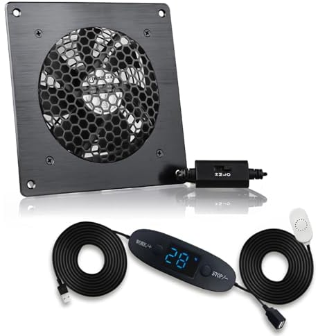 BRIEFCEC USB Fan 120 mm, Digital Display, Temperature Control, Quiet Fan System, 5 V Fan, with Modern Brushed Black Aluminium Frame for Home Cinema AV Cabinet, Pet Cave (Pack of 1)