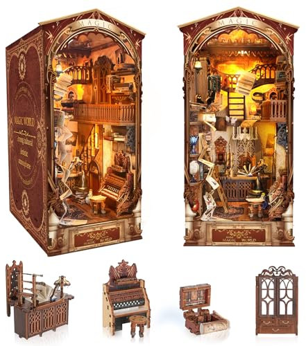 ITEFDTUTNE Book Nook Kit für Erwachsene, DIY Miniatur Puppenhaus Booknook Kit mit Led-Licht & Dust Baffle, 3D Holz Bücherregal Puzzle Booknook Insert Decor Crafts für Erwachsene Teen (Magical World)