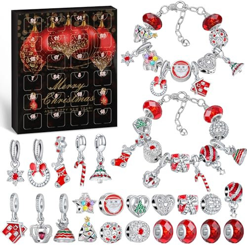 WEVOL Adventskalender Schmuck 2025, Weihnachtskalender Schmuck für Kinder Mädchen Teenager Frauen, Schmuck Basteln Mädchen Geschenke, Charm Armband Kit Geschenk Mädchen 5 6 7 8 9 10 11 12 Jahre