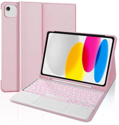 WINCHKING Teclado iPad 10 Generación 2022, Funda iPad A16 11 Pulgadas 2025, Bluetooth Magnético Desmontable, Retroiluminación Teclado español con Bandeja para rotuladores (Rosa-Touchpad)