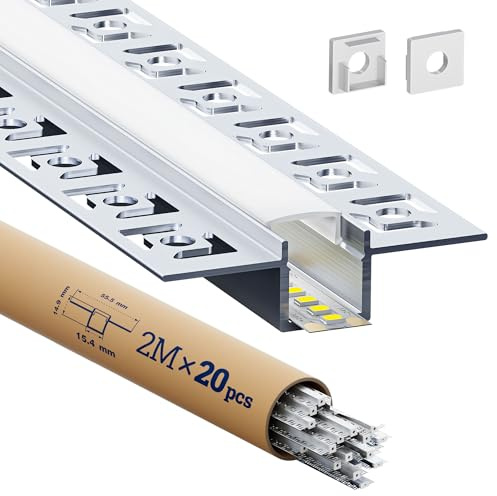 GEEKLUX LED Aluminium Profil Trockenbau für led Streifen 2 m x 20 Stück 40 m Größe 55,5 mm x 14,7 mm,Led Schiene aluprofil und LED Diffusor für Perfektes Licht, mit Endkappen und Montageclips