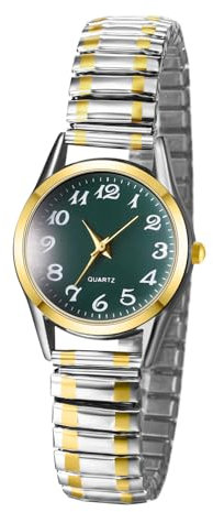 JewelryWe Damenuhr Edelstahl Stretcharmband Uhr: Einfache Analog Quarz Armbanduhr Damen Gold Silber Elastische Edelstahlarmband Uhren mit Zugarmband & Grünem Großen Zahlen Zifferblatt