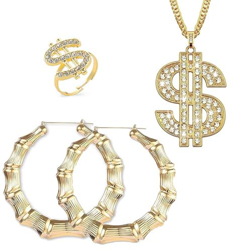 NISHIOBTLA Dollar Kette Set, Goldene Dollar Kette, Goldene Dollar Kette Set, Dollar Anhänger Kette Hip Hop Dollar Halskette 70er,80er,90er Jahre Accessoires