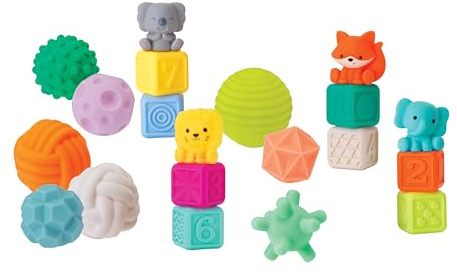 INFANTINO Bolas, Bloques y Buddies Sensoriales, Set Sensorial de 20 Piezas para Exploración Sensorial, Desarrollo de la Motricidad Fina y Gruesa, Sin BPA, Desde 6+ Meses