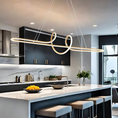 EMBRING Goldene Led Pendelleuchte Esstisch Lampen Hängend Luxuriöse Moderne Pendelleuchte, Höhenverstellbare Esszimmerleuchte über dem Tisch Linear Hängend Leuchte für Arbeitzimmer Büro Küche Lampe