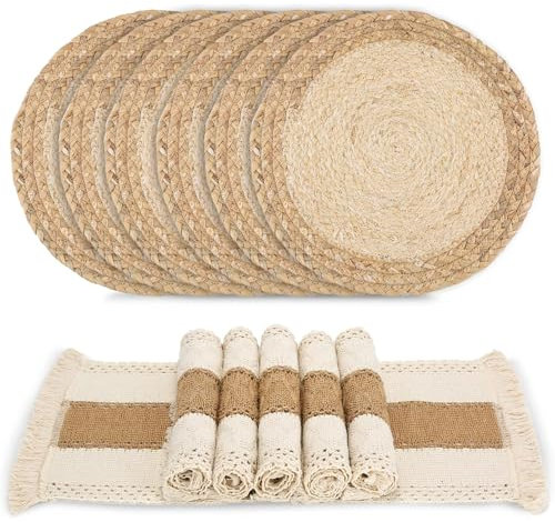 DUYING Handmade Boho Placemats Set of 6 - Natural Cotton Burlap and Water Straw Woven Combination Table Mats, Macrame Décor and Farmhouse Style Placemats, for Dining Table Kitchen (Natural, 6PC)