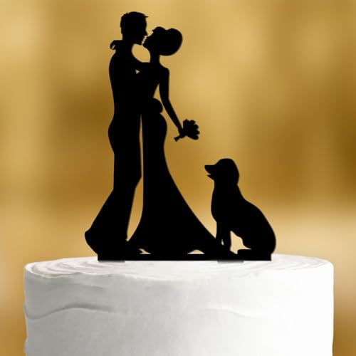 Cake Topper Brautpaar mit Hund Schwarz [stehender Hund] - Acryl schwarz Hochzeitstorte deko Kuchendeko Hochzeit Tortendekoration Verlobung Tortendeko Hunde
