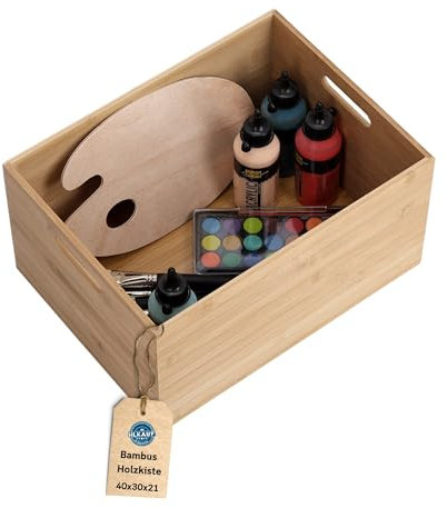 Holzkiste Bambus Ordnungsboxen Holz Kiste Aufbewahrungsbox robuste Organizer Holzkisten stapelbar verschiedene Größen & HLKauf-Block (Bambusbox-40x30x21 & HLKauf-Block)