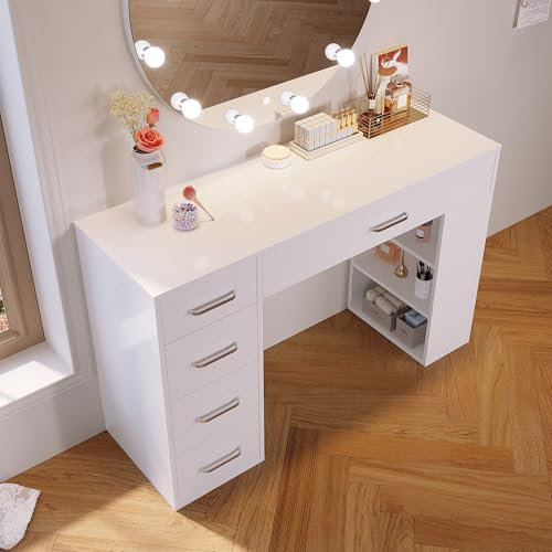 SONNI Schminktisch, Frisiertisch, mit 5 Schubladen + 3 offene Fächer, Frisierkommode, Kosmetiktisch, Computertisch, Bürotisch, Arbeitstisch, Kinderschreibtisch mit Stauraum, Weiß, 120x40x77cm.