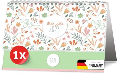 PRIMUS PRINT - Stehkalender 2026 - Tischquerkalender mit deutschen & österreichischen Feiertagen & Standsystem - Tischkalender, Aufstellkalender Quer, Terminkalender Österreich - [1er Set - Blüten]