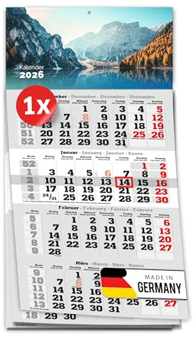 PRIMUS PRINT 4-Monats Einblockkalender 2026 mit Schieber - Wandkalender zum Aufhängen - großer Monatskalender- inklusive Feiertagen - verschiedene Motive, verschiedene Sets [ 1x Pragser Wildsee ]