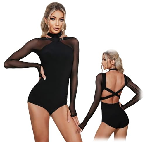 Hybursky Long Sleeve Dance Leotard for Women Mesh Patchwork Ballet Bodysuit Halter Neck Backless Latin Dance Top Gymnastics Leotards Tops Jazz Costume Adult Dancewear | Halter Neck Backless Latin Dance Top Mesh Patchwork Gymnastics Leotards Tops Costume Adult Dancewear Ballet Outfit