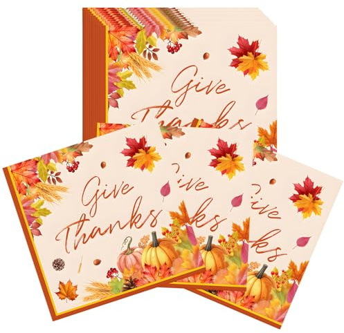 48 Stück Herbst Servietten, Herbst Ahornblatt Kürbis Servietten Thanksgiving Tischdeko Herbst Papierservietten mit Herbstblätter Ernte Herbst Party Tischdeko