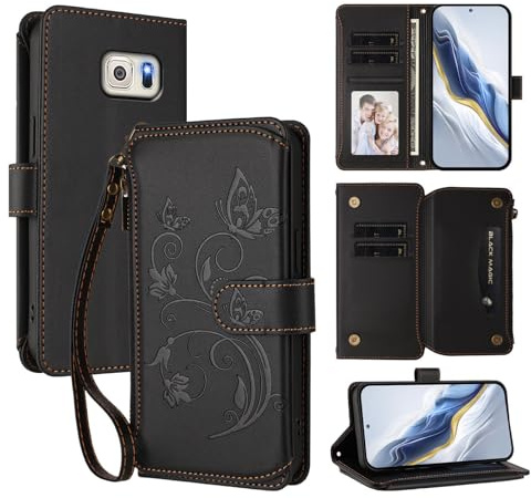 JayModCase Hülle für Samsung Galaxy S6 Edge Wallet Case Premium PU Leder Magnetische Flip Folio Design Ständerfunktion Handy Hüllen Handyhülle für Samsung S6 Edge - Schwarz