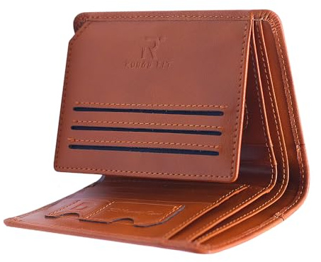 ROUGH FIT Men RFID Blocking Bifold Wallet, Genuine Leather Wallet Slim Card Holder with Multiple Slots for Credit Cards, ID & Cash, Gift for Men (Brown)
