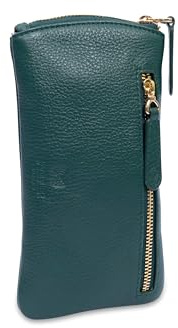 SADDLER Mabel Real Leather Zip Top Glasses Case for Women - Slim Spectacle Sleeve & Sunglasses Pouch with RFID Blocking Card Holder and Zipper Pocket - Premium Leather Gift for Her - Green